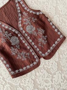 Soleia 女士夏季西部花卉刺绣开襟背心 - 棕色 - 查看 5