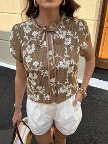 Solivie 女士优雅刺绣短袖上衣，适合度假、外出和派对穿着，春夏婚礼宾客度假上衣 - 卡其色 - 查看 10