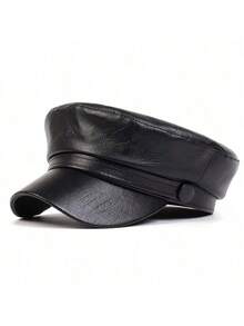 Arave Classic Versatile Simple Solid Color PU Leather Beret Hat - Black - View 4