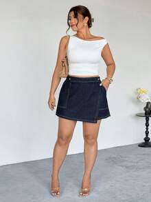 Firerie Plus Size Women's Navy Blue Denim Skort,High Waist Wrap Front Asymmetric Hem Skirt With Built-In Shorts & Pockets,Summer Smart Casual Everyday Outfit - Blue - View 4