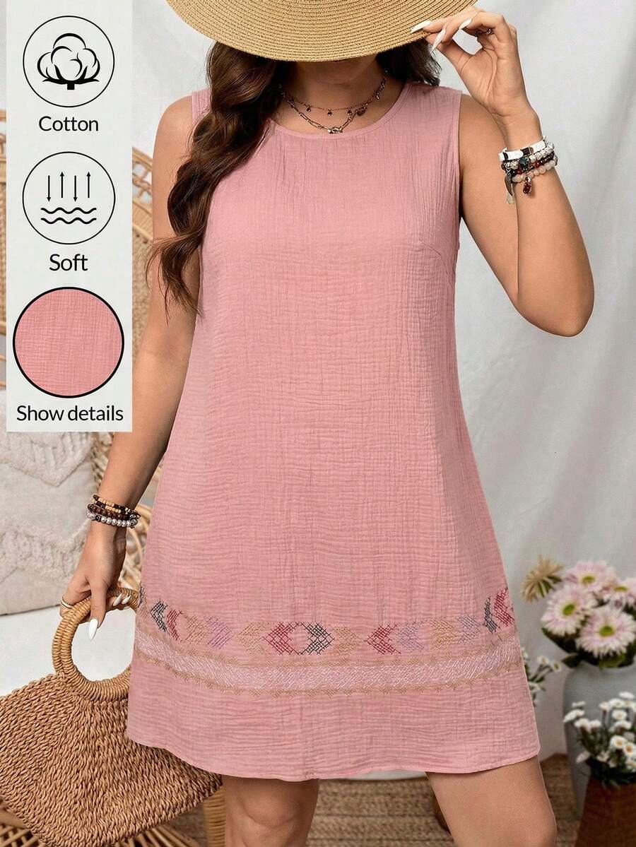 SHEIN LUNE Đầm cotton cỡ lớn, họa tiết hình học, không tay, kiểu dáng thường ngày, đầm đi nghỉ mát, đầm hồng thường ngày, đầm cotton mùa hè, đầm cotton cho nữ, đầm không tay, trang phục mùa hè cho nữ, đầm cotton nữ, đầm không tay màu hồng, đầm thường ngày cho nữ, đầm mùa hè thường ngày cho nữ, đầm cotton nguyên chất mùa hè, kiểu đầm mới nhất cho nữ, đầm ngắn thường ngày - Hồng - Xem 1