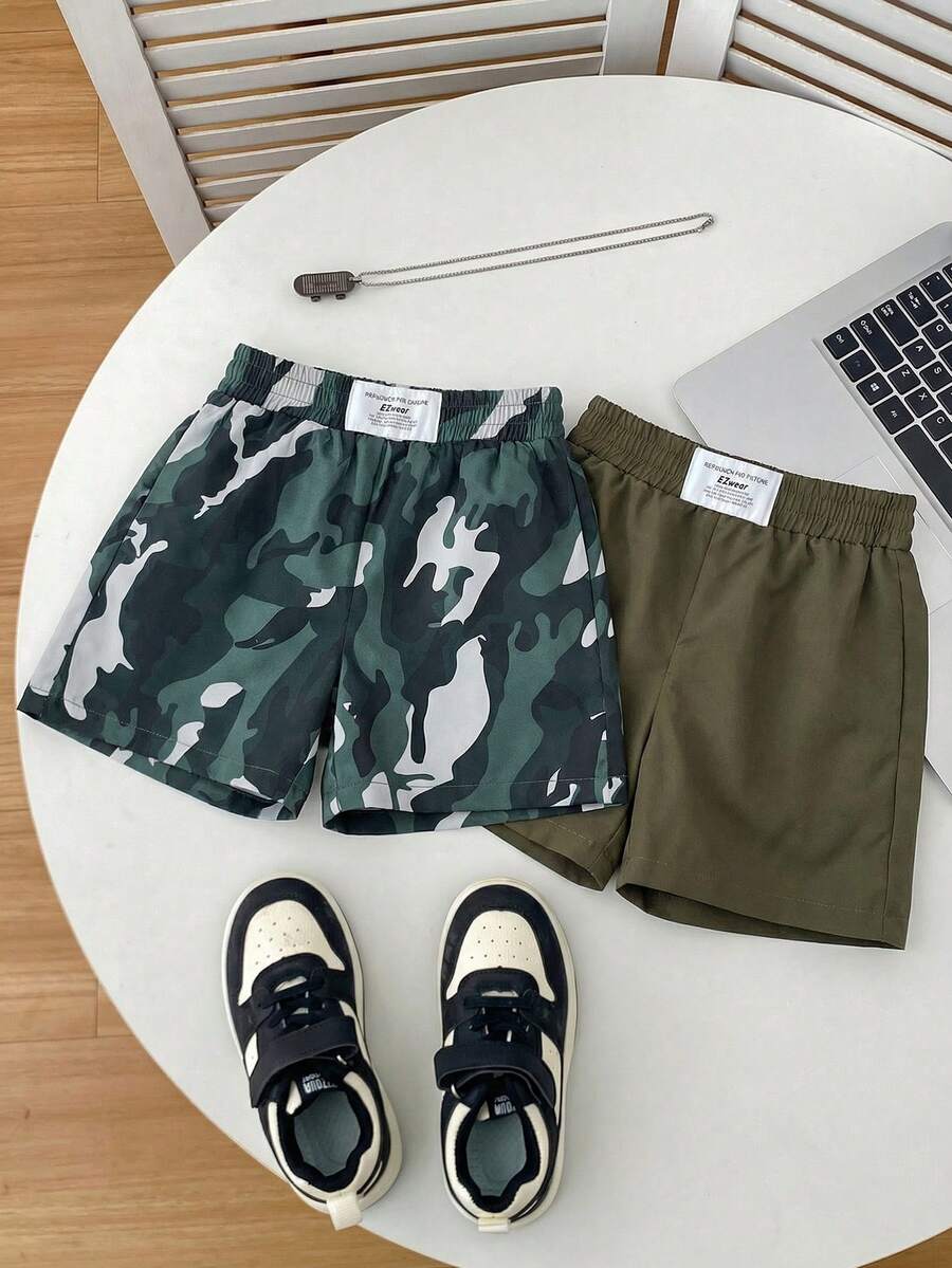 SHEIN Bộ 2 quần short rằn ri nam kiểu dáng thường ngày, chất liệu mềm mại, thoải mái, đa năng cho mặc hàng ngày, đi học, dã ngoại, thể thao, phù hợp cho mùa xuân, hè và thu. - xanh quân đội - Xem 1