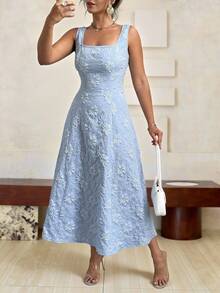 Roveilla 大码女式方领无袖纹理长裙 - 藍色 - 查看 1