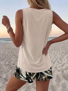 Sylviya Bộ đồ nữ 2 mảnh cổ tròn, áo hai dây và quần short, kiểu dáng thanh lịch, thoải mái, thích hợp cho mùa xuân/hè, mang phong cách công sở. - Nhiều màu - Xem 2