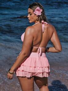 SHEIN BAE Plus Size Women Summer Beach Vacation Ruched Halter Sexy Tankini Swimwear Set Plus Size Bathing Suits Women - Pink - View 2