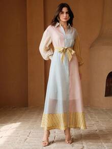 Anewsta Petite Women's Pink Stripe Summer Elegant Brunch Vacation Holiday Colorful Striped Polo Collar Lantern Sleeve Asymmetrical Patchwork Long Dress With Belt , Petite Women - Multicolor - View 6