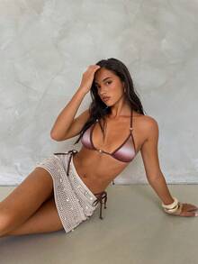 Aloruh Women's Beige Knitted Skirt, New Arrival Spring/Summer Beach Vacation - Khaki - View 6