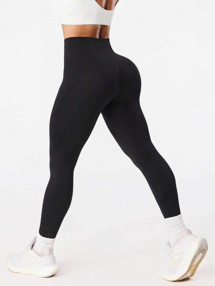 Seamluxe SHEIN Sport 女士纯色高腰休闲健身紧身裤 - 黑色 - 查看 1