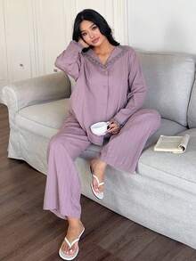 Dazy Plus Casual Textured Fabric Contrast Lace Elegant Long Sleeve Top And Loose Straight Leg Pajama Pants Set, Spring/Autumn - Purple - View 6