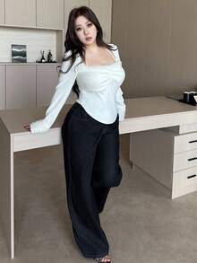 Dazy Plus Jeans rectos de pierna larga con parches, cintura con cordón y lavado oscuro, para todas las estaciones - Negro - Ver 4