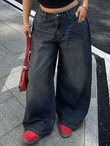 Dazy Plus Jeans de pierna ancha y larga de talla grande con efecto desgastado y lavado - Azul lavado oscuro - Ver 8