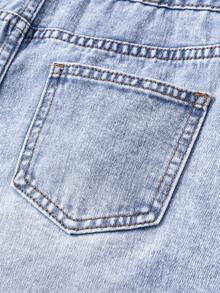 少女休闲时尚简约做旧牛仔背带短裤和连体裤 - 藍色 - 查看 8