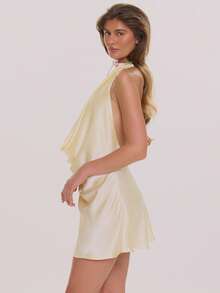 MUSERA Đầm mini dáng rộng bằng satin cổ chữ V xẻ sâu, thích hợp cho mùa xuân hè, thanh lịch, dự tiệc cưới, kỳ nghỉ, tuần trăng mật, quán cà phê. - Màu vàng - Xem 3