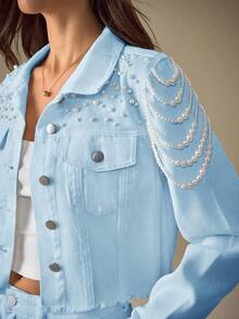 Selenza Áo sơ mi denim dài tay một hàng cúc, đa năng, dành cho nữ, trang trí giả ngọc trai. - Màu xanh lam - Xem 1