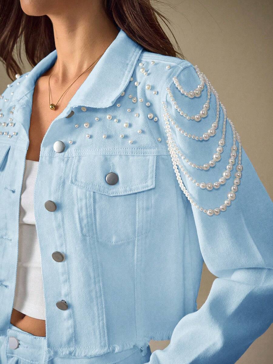 Selenza Áo sơ mi denim dài tay một hàng cúc, đa năng, dành cho nữ, trang trí giả ngọc trai. - Màu xanh lam - Xem 1