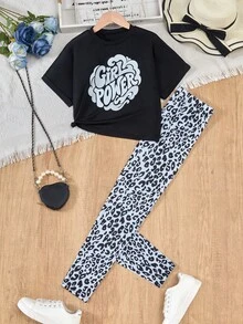 Teenage Girls' Casual Street-Style Grey Printed Loose T-Shirt Set, Summer Tops, Fashionable Design Suitable For Vacation, Travel, Campus And Daily Wear - Black - View 10