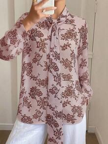 2026 Blusa/camisa casual de verano de unicolor, holgada y con cuello acampanado transparente, ropa de otoño con manga larga - Rosa - Ver 5