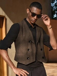 AKNOTIC Business Casual 男士纯色双排扣商务休闲马甲 男士棕色马甲 男士无袖服装 男士秋季系列 - 咖啡棕 - 查看 7