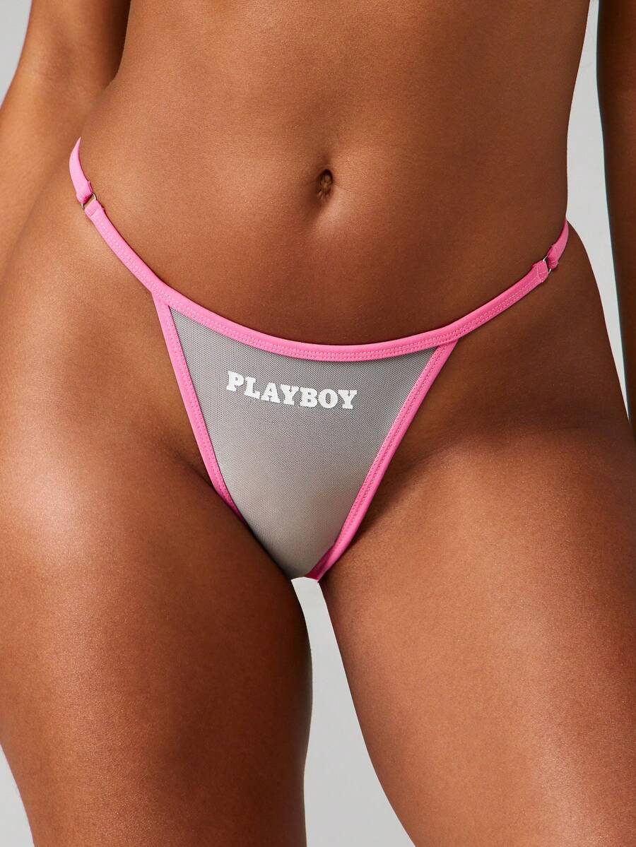 Missguided x Playboy 女士网眼三角内裤，带Logo和撞色粉色滚边 - 灰色 - 查看 1
