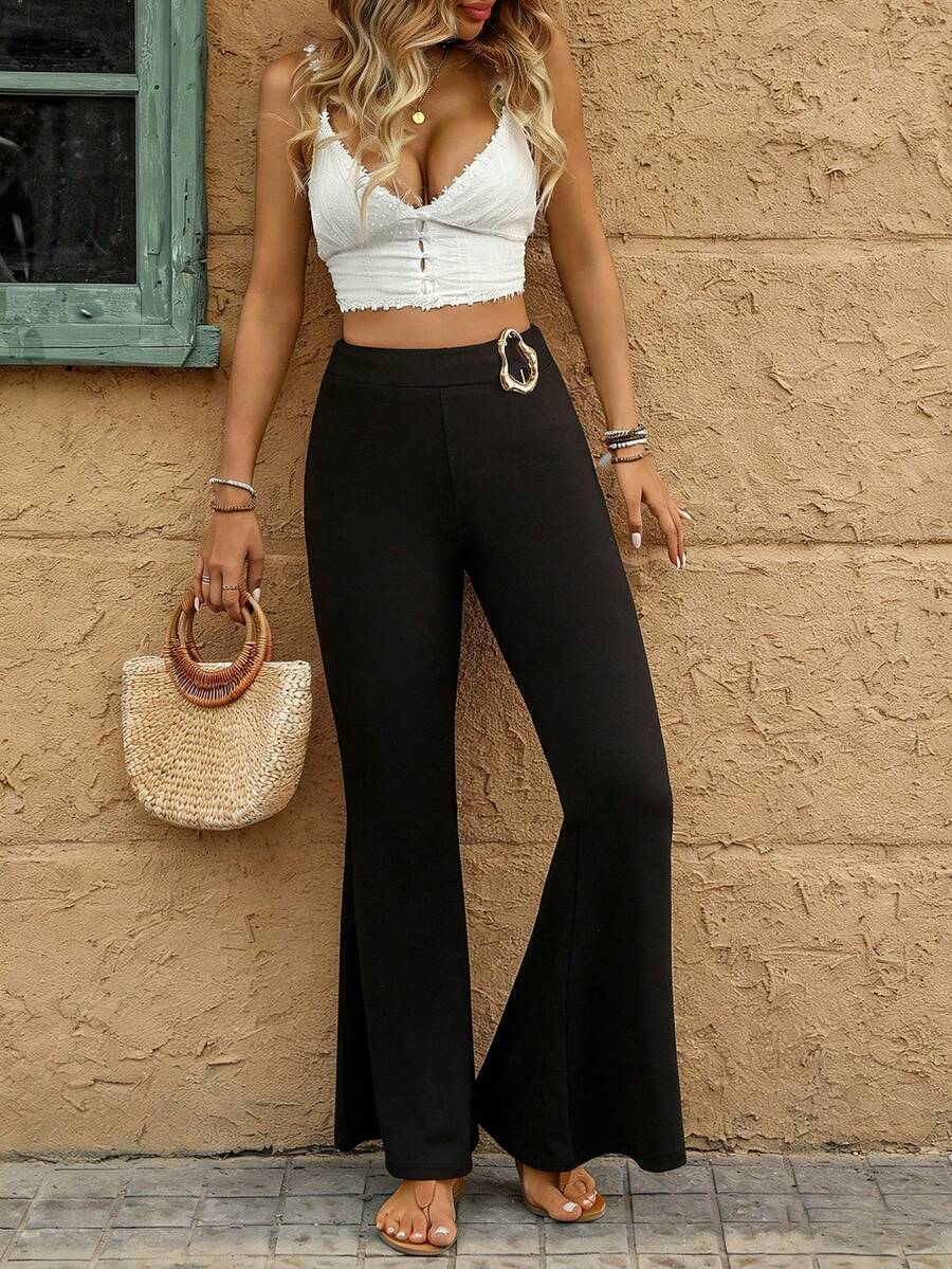 Pariaura Women's Minimalist Metal Buckle Elegant Flare Pants Bell Bottom Pants Two Piece Pants Set Casual Two Piece Set 2 Piece Vacation Outfit Women - Black - View 1