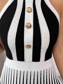 Selianne Elegant Black & White Striped Off-Shoulder A-Line Sleeveless Halter Knit Dress, Spring/Summer - Black and White - View 3