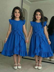 SHEIN Vestido de línea A con volantes en la cintura y estampado de mariposas en color azul claro, de uso casual y diario para niñas preadolescentes - Azul - Ver 3