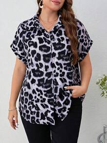 SHEIN Clasi 大码女式豹纹短袖单排扣休闲衬衫 - 紫丁香色 - 查看 5
