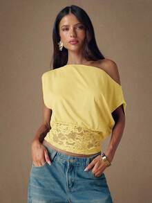 SHEIN BAE Áo kiểu nữ màu đen dệt kim phối ren, vai lệch, thời trang, thích hợp cho mùa Thu/Đông. - Màu vàng - Xem 7