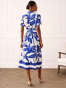 Lilora 女士优雅印花中长连衣裙 女士夏季连衣裙 蓝白图案连衣裙 中长衬衫裙 女士休闲连衣裙 带腰带衬衫裙 印花连衣裙 中长连衣裙 女士连衣裙 女式连衣裙 - 藍色 - 查看 2