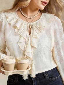 Modelyn Plus Size Elegant Commuter Solid Color Jacquard Ruffle Hem Blouse - Apricot - View 4
