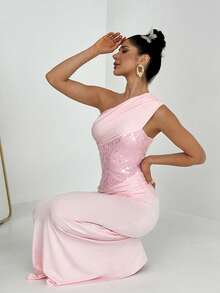Firerie Elegant Minimalist Exquisite Romantic Dignified Banquet Festival Party Date Wedding Guest Holiday Asymmetric Draped Sequin Splice Pink Extra Long Dress - Pink - View 5