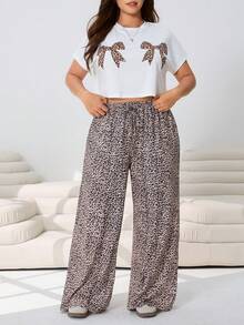 SHEIN EZwear 大码女式休闲豹纹蝴蝶结短袖上衣和阔腿裤两件套，春夏款 - 彩色 - 查看 4
