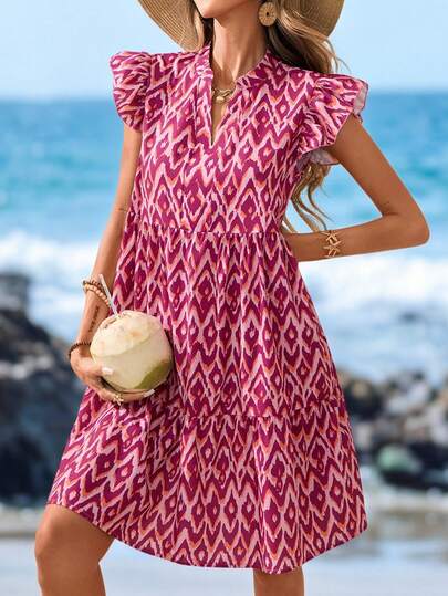 Sylviya 女士休闲短袖亮色印花度假连衣裙，度假