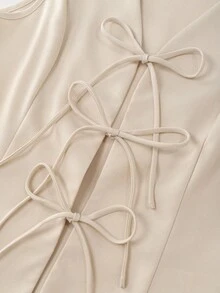 Franclia 女士休闲时尚简约百搭通勤无袖背心，配有抽绳腰带和蝴蝶结，搭配直筒裤两件套，春夏款 - 杏色 - 查看 4