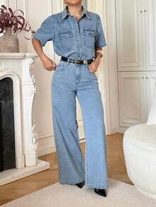 DAZY Women's Casual Washed Pocket Shirt And Wide Leg Jeans Suit, Spring/Summer - Medium Wash - View 9