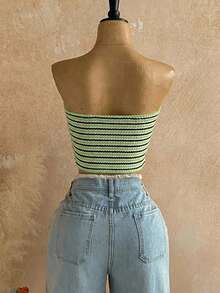 Soleia Women's Vacation Striped Twist Design Cropped Bandeau Top - Mint Green - View 2