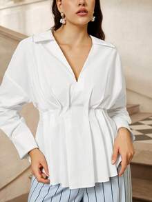 VOLUPTÉ CURVE Plus Size Women's Autumn/Winter White Top V-Neck Lapel Long Sleeve Waisted, Elegant Casual Vacation Business Office - White - View 9