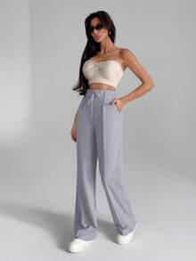 EURMUSE Women Solid Color Wide Leg Tie Front Detailed Pants - Grey - View 3