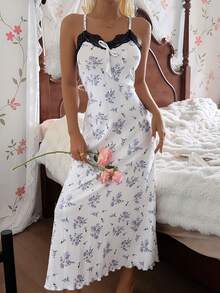 SHEIN 浪漫女士蕾丝领睡裙，舒适休闲连衣裙 - 白色 - 查看 7