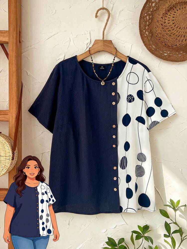 Blusa de manga corta con estampado de lunares y bloques de color azul marino para mujer talla grande, casual y de vacaciones, estilo campestre, ideal para primavera, vacaciones, días festivos, salidas, 2026 nueva, simple y de moda para uso diario, parte superior casual de vacaciones bohemia, tops casuales para mujer talla grande, tops de verano de manga corta, adecuados para verano, vacaciones, viajes, uso diario, salidas