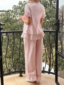 DAZY 女士甜美荷叶边刺绣花卉拼接花瓣袖睡衣套装，夏季 - 粉色 - 查看 2