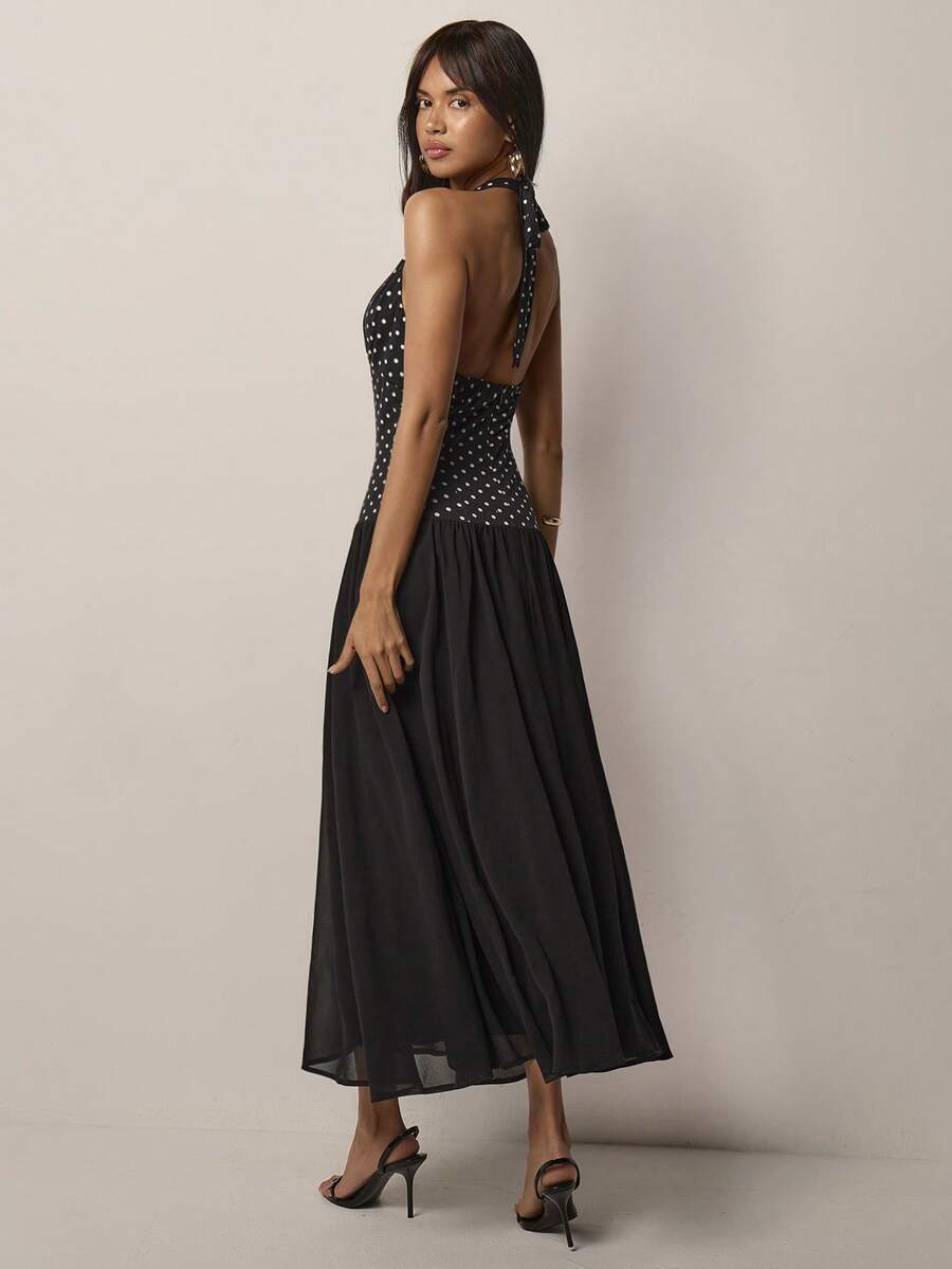 COSMINA 女士黑色波点露背雪纺拼接休闲优雅简约Y2K连衣裙，无袖长裙 - 黑色 - 查看 1