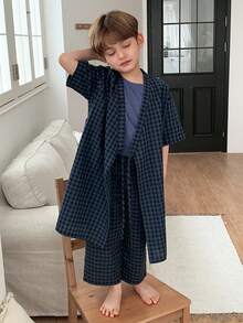 Dazy Kids 男童格子短袖睡袍和裤子睡衣套装 - 藏蓝色 - 查看 5