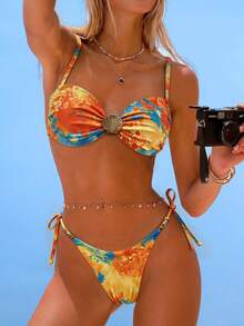 Swim Mod Women's Random Print Metal Decor Spaghetti Strap Bikini Set, Spring/Summer - Multicolor - View 2