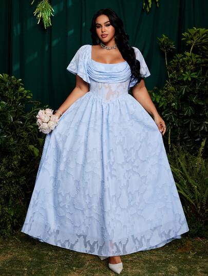 Roveilla Plus Size Square Neck Ruffle Sleeve Cutout Jacquard Chiffon Elegant Vintage Cute Dress, Suitable For Vacation, Party, Gathering