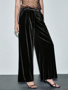 Lumivelle Petite Pantalones de terciopelo elegantes para salir de noche - Negro - Ver 5