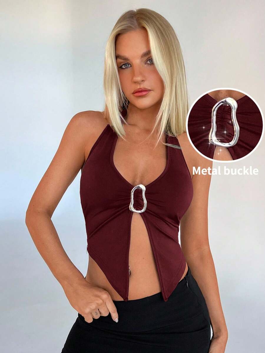 Aloruh Top camiseta de tirantes sin espalda de unicolor con abertura alta en el bajo, sexy, para el verano