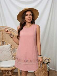 SHEIN LUNE Đầm cotton cỡ lớn, họa tiết hình học, không tay, kiểu dáng thường ngày, đầm đi nghỉ mát, đầm hồng thường ngày, đầm cotton mùa hè, đầm cotton cho nữ, đầm không tay, trang phục mùa hè cho nữ, đầm cotton nữ, đầm không tay màu hồng, đầm thường ngày cho nữ, đầm mùa hè thường ngày cho nữ, đầm cotton nguyên chất mùa hè, kiểu đầm mới nhất cho nữ, đầm ngắn thường ngày - Hồng - Xem 3