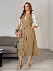 Elenzga Đầm dài không tay dáng suông cho nữ cỡ lớn, đầm midi không tay, mở phía trước, thắt eo, có túi, kiểu dáng tối giản, thích hợp mặc đi làm, đi nghỉ mát hoặc mặc hàng ngày. - Màu Khaki - Xem 6