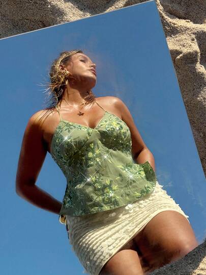 SHEIN BAE Plus Size Spaghetti Strap Sequin Embellished Green A-Line Vacation Blouse